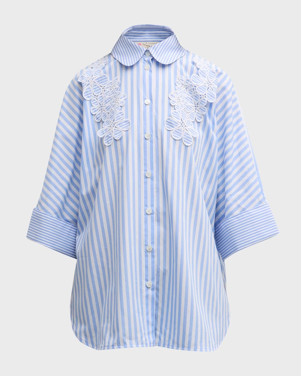 Flower-Applique 3/4-Sleeve Striped Cotton Collared Shirt